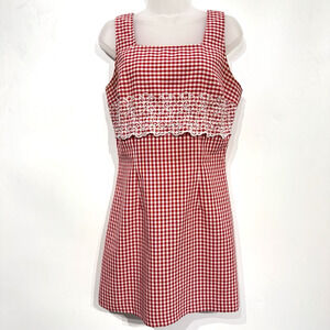 VTG Wrapper Womens Gingham Pinafore Dress Sz M Red White Lace Eyelet Trim Dainty